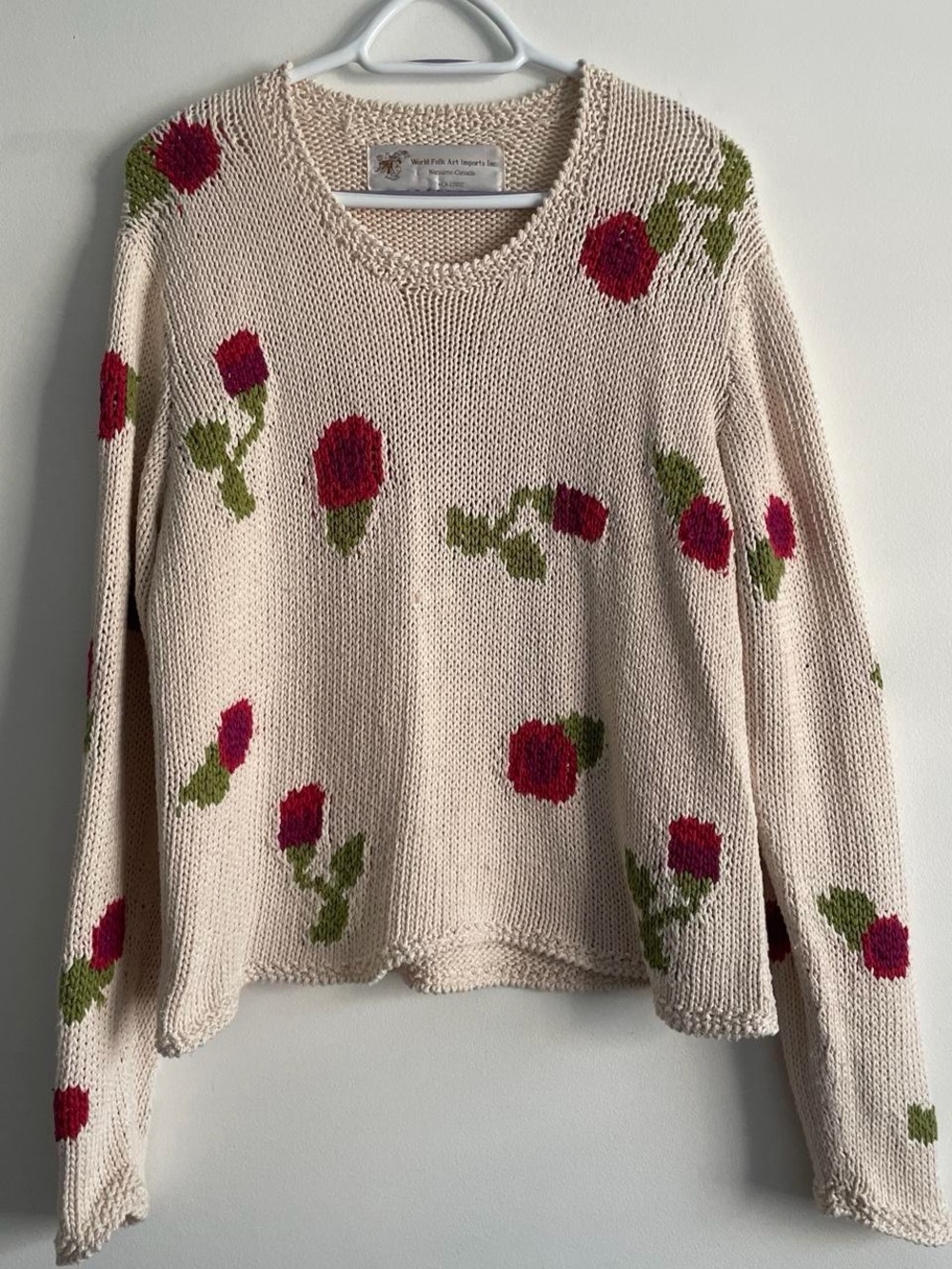 Women’s Vintage Cream Knit Sweater with Pink Floral Pattern